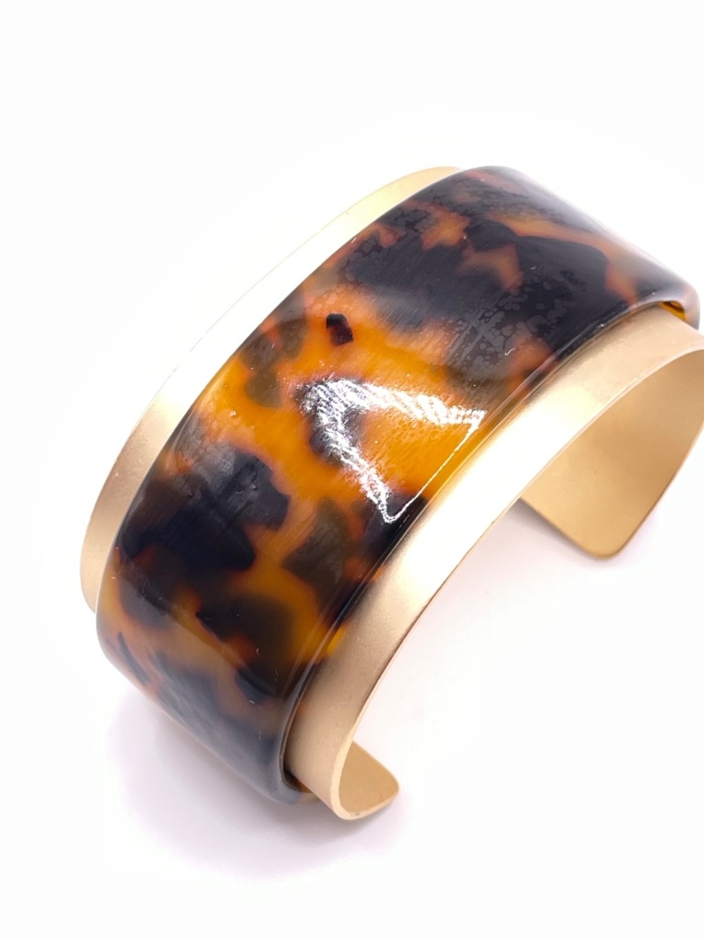 Matte Gold Tortoiseshell Acrylic Overlay Wide Cuff Bracelet 7"